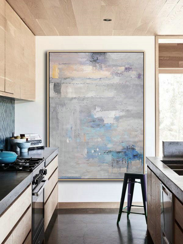 Oversized Canvas Art On Canvas,Vertical Palette Knife Contemporary Art,Extra Large Paintings,Grey,Blue,Violet Ash.etc